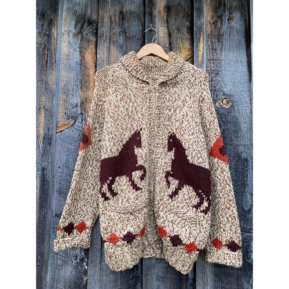VINTAGE HAND KNIT cowichan horse hand knit wool zip up cardigan sweater large - Picture 4 of 9